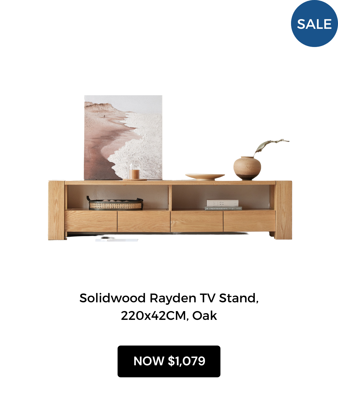 Solidwood Rayden TV Stand, 220x42CM, Oak